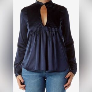 Theory Black Key Hole Blouse Long Sleeve Pintuck Pleated